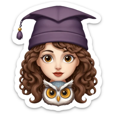 portrait woman long curly brown hair brown eyes white skin tattoos wearing owl hat oversized, playful wink sticker