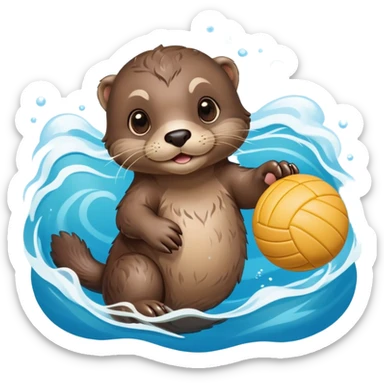 super cute baby otter floating on clearly visible blue water with waves, tiny baby otter with big eyes holding a volleyball with both small paws above water sticker