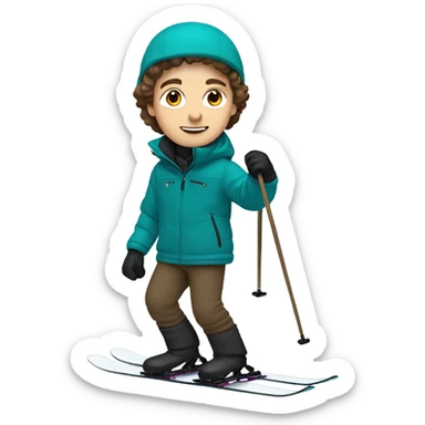 white Boy with wavy brown hair skiing on teal skis. He is wearing all black snow pants and a gray jacket   sticker