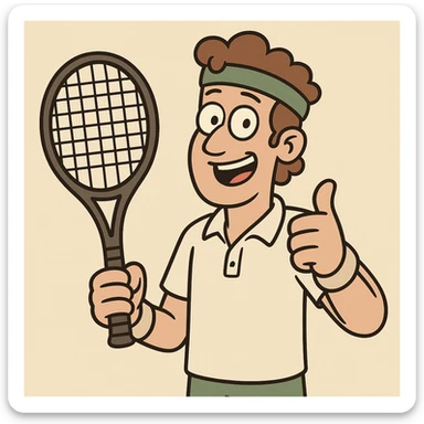cartoon tennis player giving thumbs up, simple flat toon style sticker