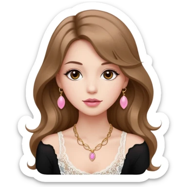 fair-skinned girl with dark brown, slim shaped eyes and long lashes. long, light brown hair styled in a voluminous, wavy blowout. wearing a delicate white lace tank top and a dainty gold necklace, plump pink lips. sticker