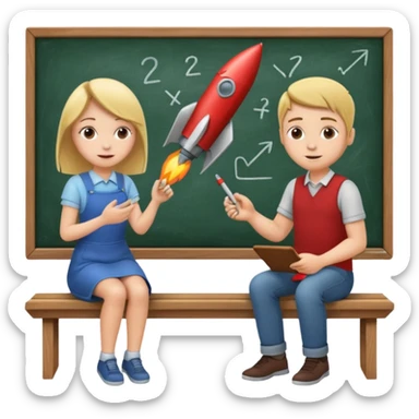 Girl is teaching a guy how to make rocket emojis. Girl at blackboard, guy on bench learning. sticker
