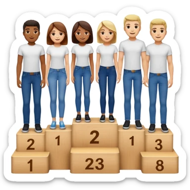 show people on podium in first, second and third place.  The podium should be labled 2, 1, 3.  The middle position should only have the number 1.  the people should be dressed in relaxed clothes like jeans and t-shirts sticker