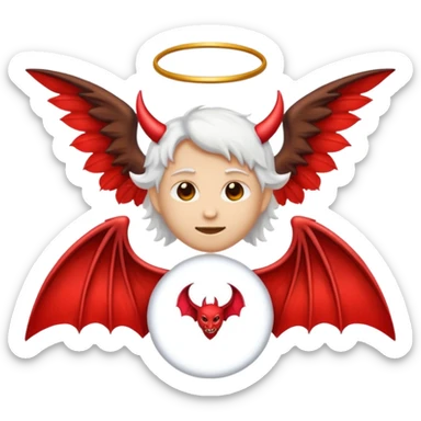 emoji split down the middle, one side angel with halo and white wing, other side devil with red horn and bat wing sticker