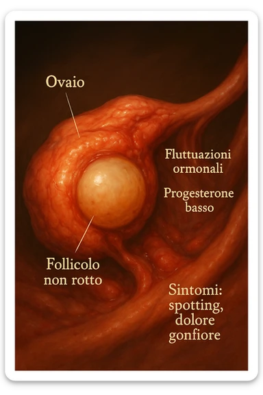 realistic and cinematic illustration of an ovary with an unruptured follicle, low progesterone, hormonal fluctuations, symptoms of spotting, pain and swelling, clinical details, captions in Italian sticker