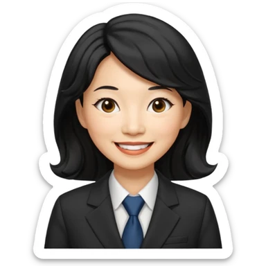 60 yr old asian woman, wavy thick black hair, side part, side swept bang, big smile, business suit sticker
