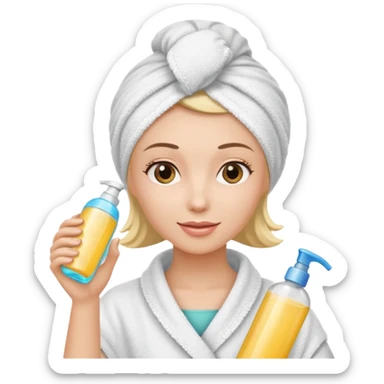 woman with a towel on her head and shampoo in her hand sticker