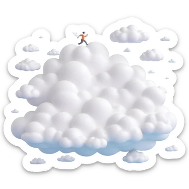 flying person composed of very white fluffy clouds, convex shapes, minimalist, no background sticker