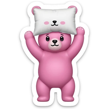 pink bear in a dynamic pose, holding a pillow above its head, flat and minimal, cute and fun, iPhone emoji style sticker