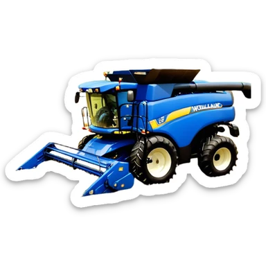New Holland Roll-Belt 560 (2018) – Cinematic-realistic New Holland Roll-Belt 560 baler, its blue body steadily compressing golden hay into tight, round bales. The rhythmic motion of the machine continues as dust swirls in the afternoon heat, with rows of freshly cut grass stretching toward the horizon. sticker
