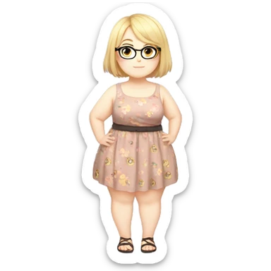 Chubby anime girl with glasses and short blond hair, full body wearing cute dress sticker