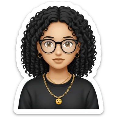 Mixed girl /curly long hair black / with black eyes glasses black sweat shirt middle part flat piercing and small thin gold chain  sticker