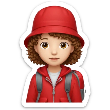 Little student brown curly hair, wears red bucket hat and jacket, backpack, shy sticker