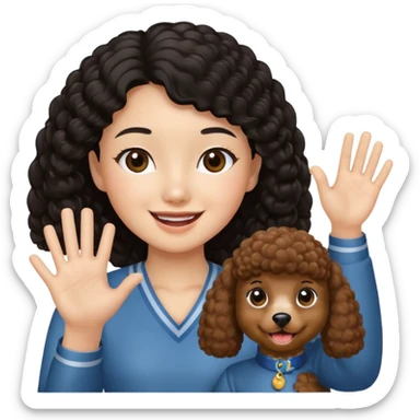 Brown poodle with Asia girl waving left hand sticker