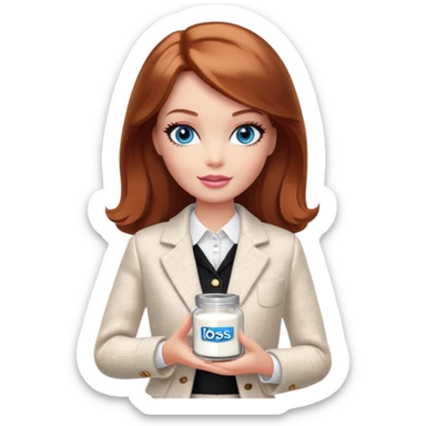 A Barbie girl with blue eyes, shoulder-length reddish-brown hair, made-up, in a white tweed jacket and black skirt, holding a jar of pale beige body cream sticker