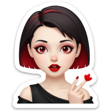 A girl with goth makeup and short hair( dark brown and bottom of hair red) winking and blowing kiss while raising one shoulder.  sticker