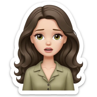 A white Barbie girl with long dark brown wavy hair in pale olive clothes crying with tears  sticker