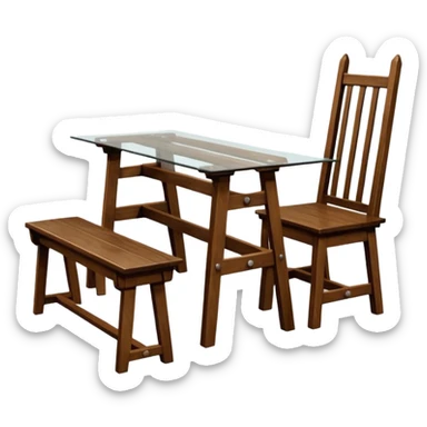 A glass topped rectangular trestle table with a high-backed chair on each short side and a bench on each long sided  sticker