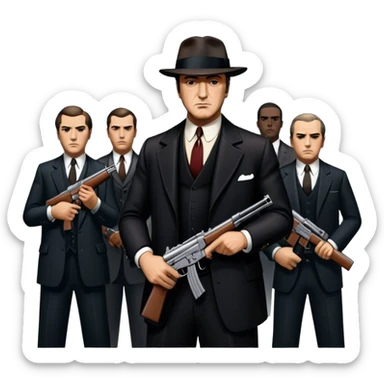 Vintage noir poster with Don Corleone surrounded by gangsters holding Thompson submachine guns. Dark and moody atmosphere with shadows, suits, and a mysterious vibe. Background features New York skyscrapers, adding to the gritty, classic gangster film feel. Transparent background. sticker