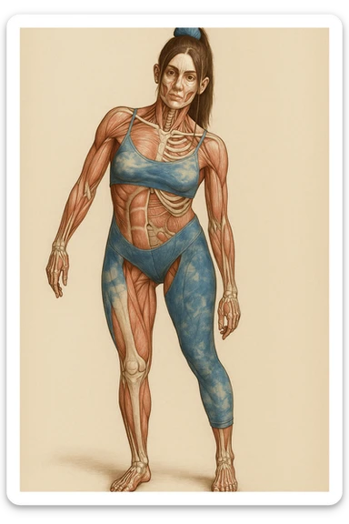 Donna in abbigliamento sportivo, postura asimmetrica, stile medico realistico, muscoli e ossa visibili, evidenzia la compressione delle coste sul lato corto, sfondo neutro, formato verticale. sticker