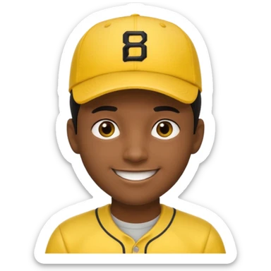 A man with dark skin tone, wearing a bright yellow baseball cap, short black hair mostly covered by the cap, large brown eyes, and a wide smile. sticker