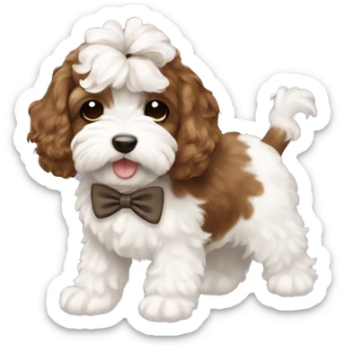 Brown and white cockapoo with a bow sticker
