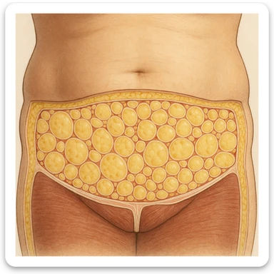 realistic abdomen with subcutaneous fat accumulation, cross section showing adipocytes, medical style, natural colors, cellular details sticker