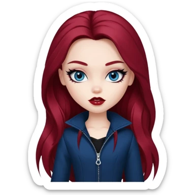 pale skin, girly bratz baddie, beautiful dark blue eyes, sharp black eyeliner, long dark red hair sticker