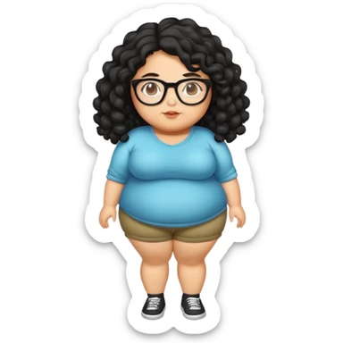 Olive skin Fat girl full body cute with glasses long black curly hair  sticker