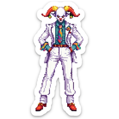 full-body demonic clown in a white leisure suit with bellbottom pants, bald, black ram horns, flashy belt, ruffled shirt, colorful tie, no elevator shoes sticker