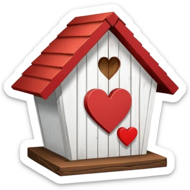 a birdhouse with a normal circular hole and a red roof with the rest white and a heart at the top but below the roof sticker