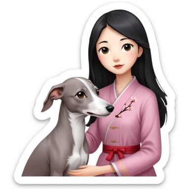 A young Chinese girl with long black hair and a pure grey Italian Greyhound with no white markings sitting under a cherry blossom tree sticker