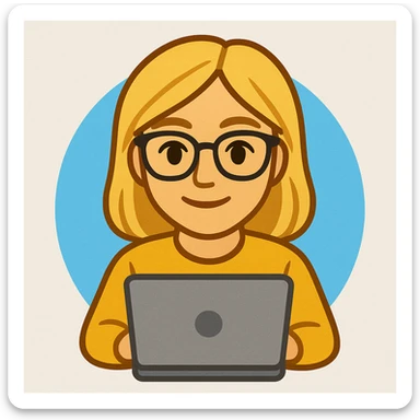 blonde writer woman wearing glasses working on a laptop, twitter style emoji sticker
