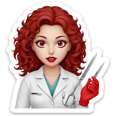 Scary woman scalpel in hand, evil surgeon sexy surgeon clothes.  She has red eyes. Her  brown long curly hair. Wears sexy doctor outfit with red gloves. make her hair free and brown but she  wear mouth cover   to hide. Wears white surgeon jacket and sticker