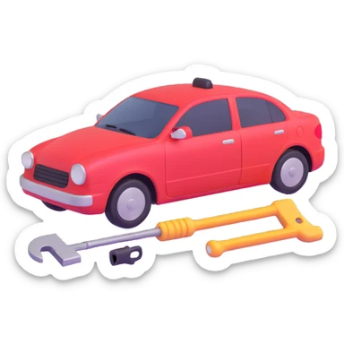 icon of a car with a visible dent from a crash and dent repair tools like a lever and small hammer sticker