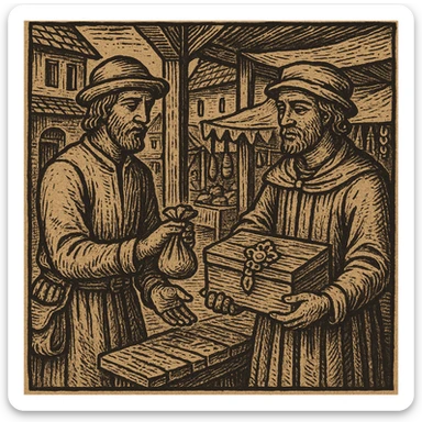 Сгенерируй мне гравюру, как в средневековье один мужчина дает другому мешочек, а другой украшение коробку деревянную, они торгуют, все это происходит на рынке sticker
