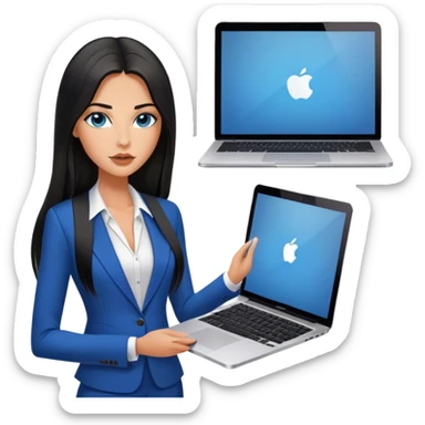 Model glamours tanned beautiful girl with pump nude lips and black straight long hair, straight hair parting, blue eyes with MacBook and V-neck suit vest,  - only one person sticker