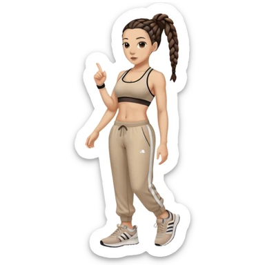 Melanie chisholm with two dark brown french braids, wearing a sports bra and track pants with sneakers sticker