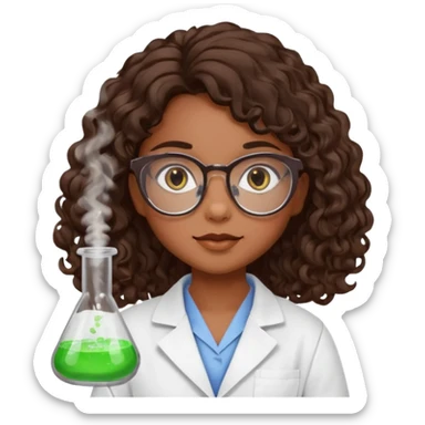 bratz doll with long loose curly dark brown hair, glasses that are round cat eye vibes, in a lab coat mixing beakers that glow shes a 4th grade girl sticker
