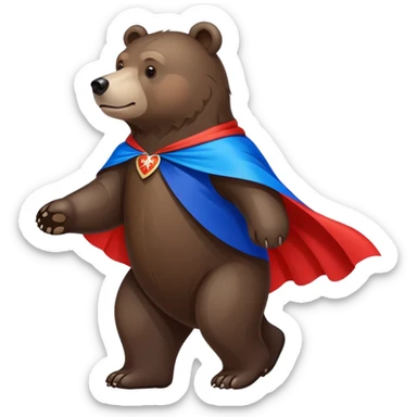 Dark brown bear walking on four paws with Russian tricolor flag (white, blue, red) flowing like a cape over its back and shoulders sticker