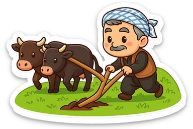 Create a chibi cartoon sticker of a Kurdish farmer plowing the land with two cows using a yoke and traditional plow, on a green hillside. The style should be cheerful and colorful with a transparent background. sticker