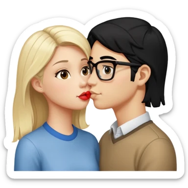 pretty light blonde girl barbie kissing nerd with black hair and tan skin on the cheek sticker