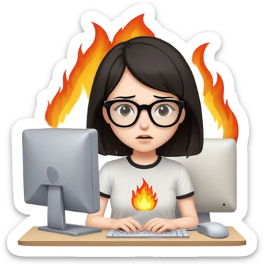 girl with black brown bob hair wearing glasses is having a brain fog while working on her old computer wearing a nirvana tshirt with fires on her head sticker