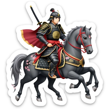 clash-of-clans-aesthetic_-cinematic-fearsome-and-majestic-samurai-bust-portrait-emoji, rendered in a flat, vector-style with minimal shading and bold, simplified shapes typical of emoji art, depicting a battle-hardened samurai with steely eyes and traditional black Japanese armor. The samurai is riding a noble grey warhorse adorned with an intricately designed saddle and fluttering banners, against a backdrop of cherry blossoms and a rising sun. a samurai on a   horse sticker