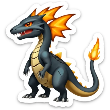Magmatic fiery badass cool obsidian-Black and golden-orange Helioptile-Marowak-Salamence-Fakémon-hybrid-creature (full body)  sticker
