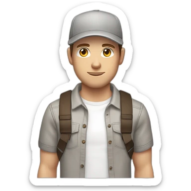 Pale skinned fit Man with dark brown hair in a light gray cap, dark brown jeans, brown polo and white T-shirt keeping a pasted with tape white box into his hands sticker