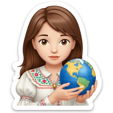 Beautiful young girl with brown hair wearing a white Ukrainian embroidered shirt holding a globe in her hand sticker