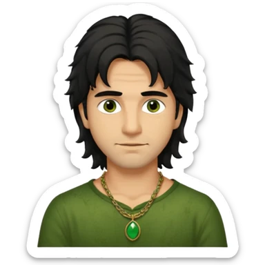 italian man with long black shaggy hair, brown eyes, green stained neck from necklace  sticker