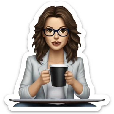 Hyper Realistic Kate Beckinsale dark blue eyes wearing glasses drinking coffee at a laptop  sticker