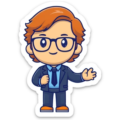 Professional economics channel mascot with shoulder-length wavy light brown hair, rectangular glasses, navy blazer, light blue shirt, empty hands, confident stance sticker